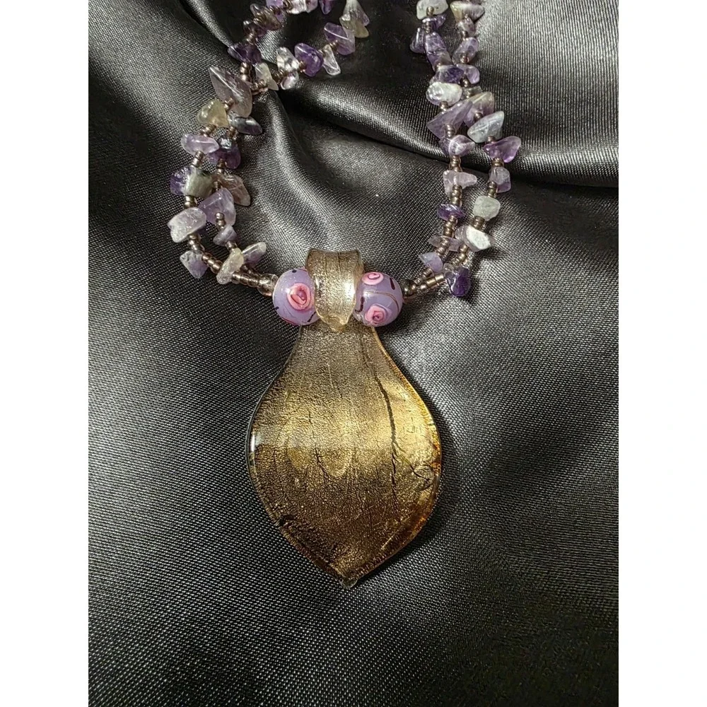 Murano Style Glass Pendant & Amethyst Necklace
